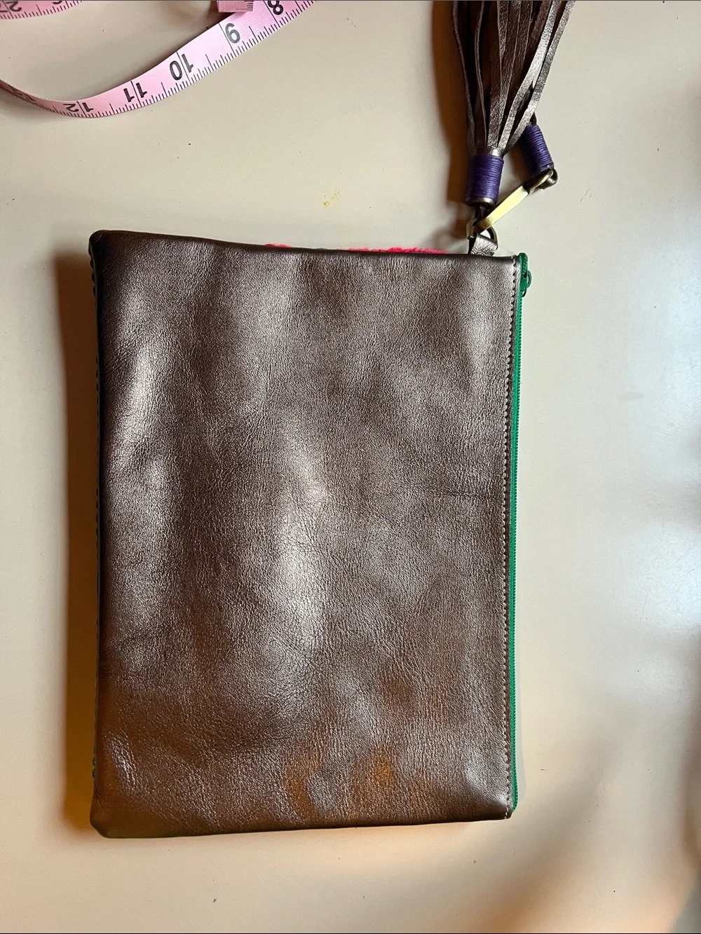 Embroidered Floral Wristlet Clutch - Multicolor with Brown Trim